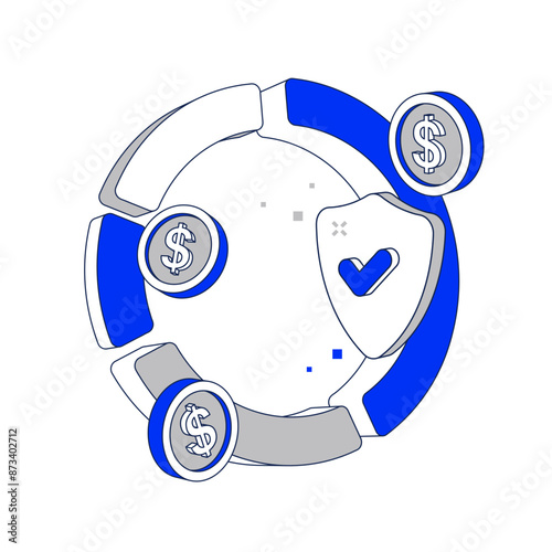 Shield protection money coin and diagram with secure for online payment on white background concept.