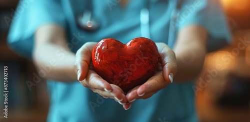 Close Up of Hands Holding a Red Heart in Front of a Blue Medical Scrubs