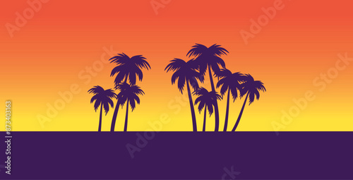 Sunset with beach and palms. Vacation time. Beach and Summer background. Trendy colorful 
Sunset with palm treess silhouette. Vector illustration. Ideal for print, poster, wallpaper, fabric, fashion.