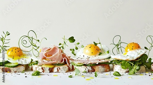   A collection of mini sandwiches containing eggs and meat, garnished with fresh green leaves and sprouts on the side