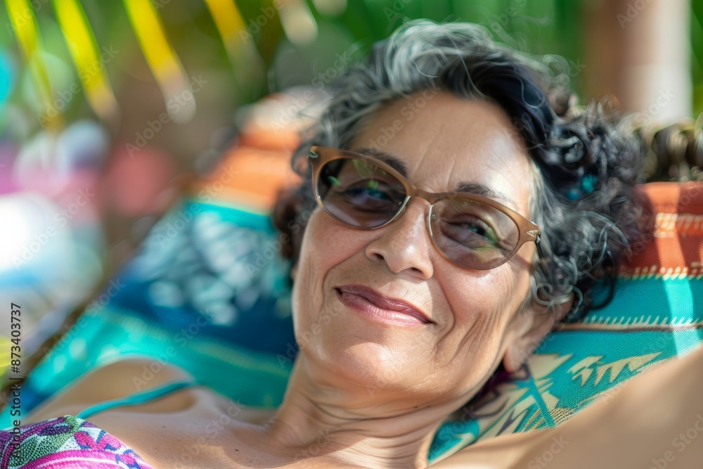 A woman relaxing on a beach chair in vibrant clothing, sporting sunglasses, and enjoying a sunny day, embracing the warmth and relaxation of a beachside retreat. A woman relaxing on a beach chair in vibrant clothing, sporting sunglasses, and enjoying a sunny day, embracing the warmth and relaxation of a beachside retreat.