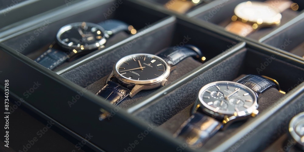 Close-up of a minimalistic wristwatch lying in a display case Close-up of a minimalistic wristwatch lying in a display case
