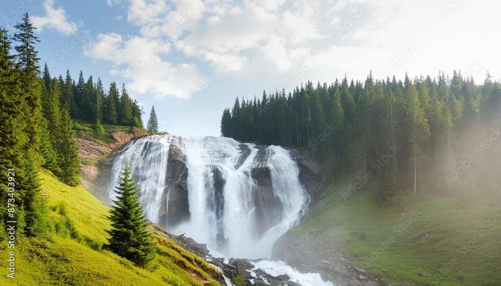 Fototapeta premium large natural waterfall on top of the mountain among forest