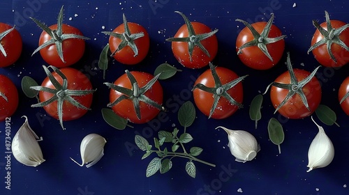 Wallpaper Mural   A cluster of tomatoes and garlic on a azure backdrop with an aromatic garlic sprig at image center Torontodigital.ca