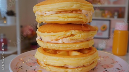 Wallpaper Mural   A stack of golden-brown waffles perched atop a pristine white plate smothered in luscious yellow icing and creamy frosting Torontodigital.ca