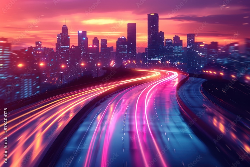 Cityscape with Neon Lights on Highway at Sunset Cityscape with Neon Lights on Highway at Sunset
