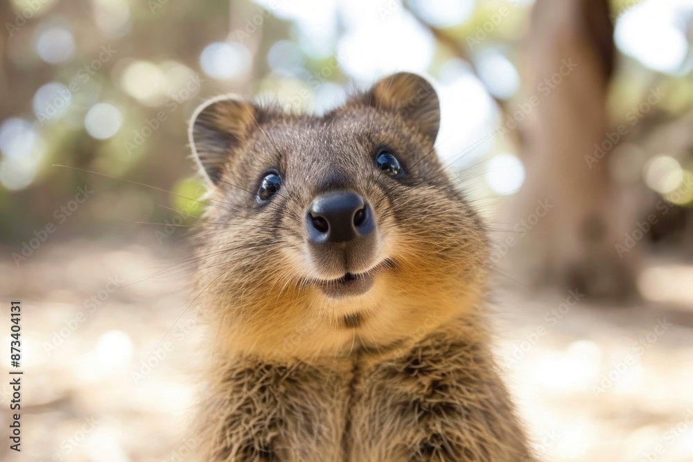 Fototapeta premium Close-up portrait of a curious and adorable quokka, a happy and smiling australian marsupial, captured in its natural wilderness on rottnest island, australia
