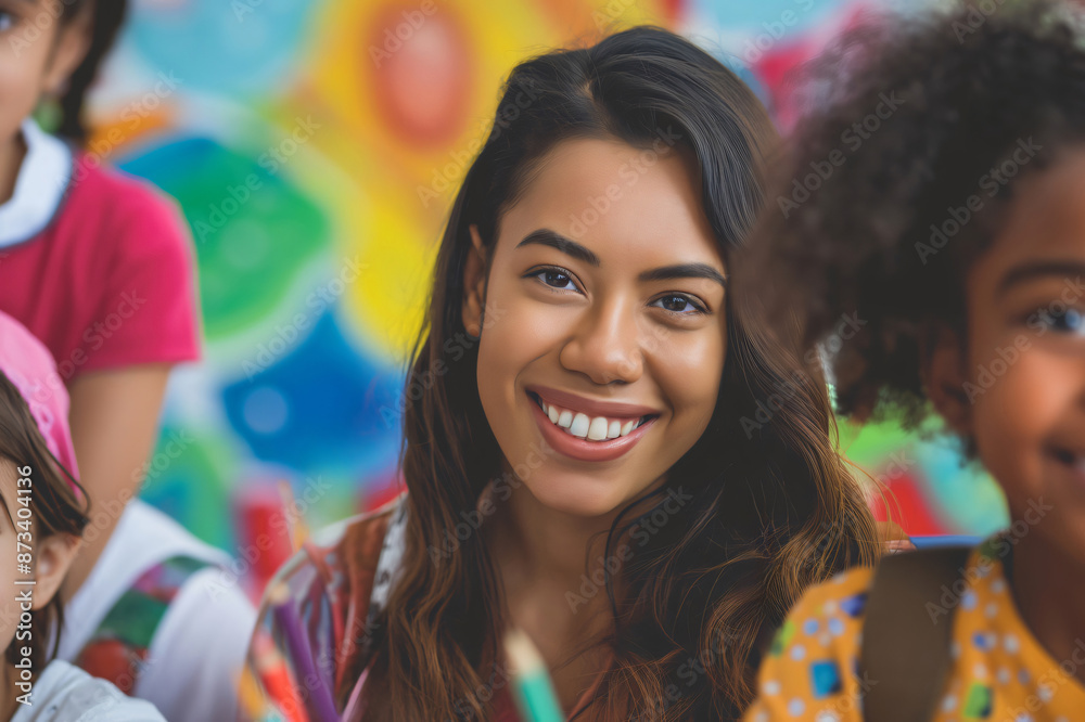 Portrait of a young teacher smiling with her students in the background in a colorful classroom