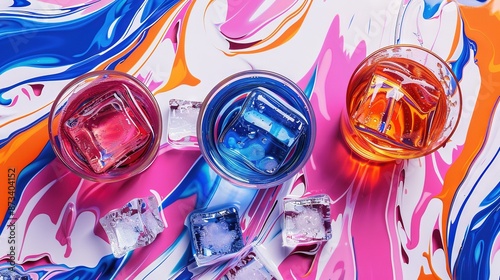 Wallpaper Mural  A colorful marble surface holds three glasses of liquid with variously colored ice cubes, including orange, pink, blue, and white Torontodigital.ca