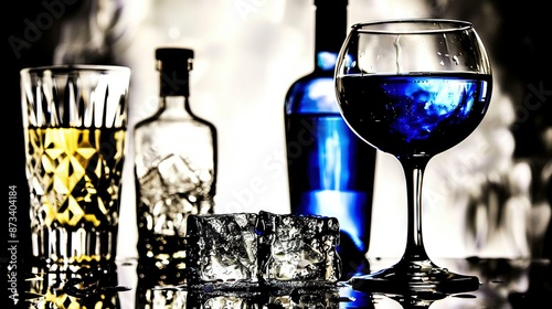 Wallpaper Mural   A glass of wine sits next to a full bottle of wine and an ice cube on a table Torontodigital.ca