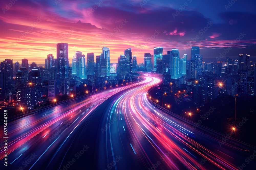 Cityscape at Night with a Highway of Light Cityscape at Night with a Highway of Light