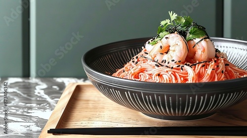 Wallpaper Mural  A wooden cutting board holds a bowl of noodles topped with shrimp and garnished with flavor Torontodigital.ca