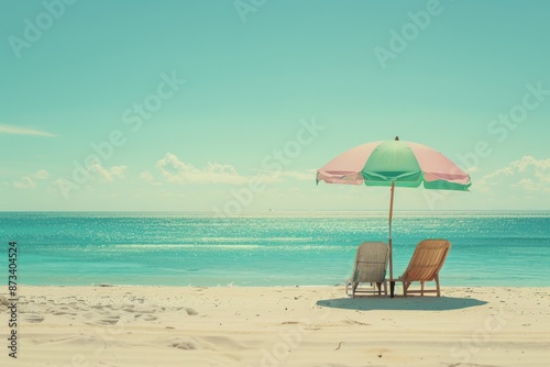 An idyllic scene of two empty beach chairs sheltered by a pastel-colored umbrella on a pristine sandy beach, with the clear blue ocean stretching out towards the horizon.