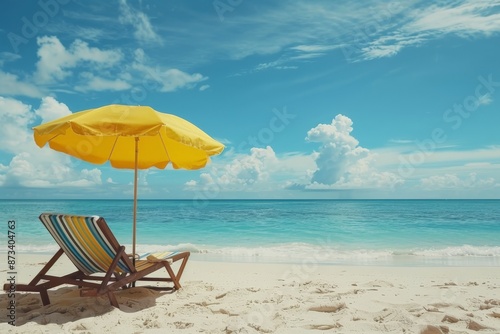 A bright yellow beach umbrella provides shade to a colorful striped beach chair situated on a beautiful, sunny sandy beach, with the sparkling blue sea extending to the horizon.