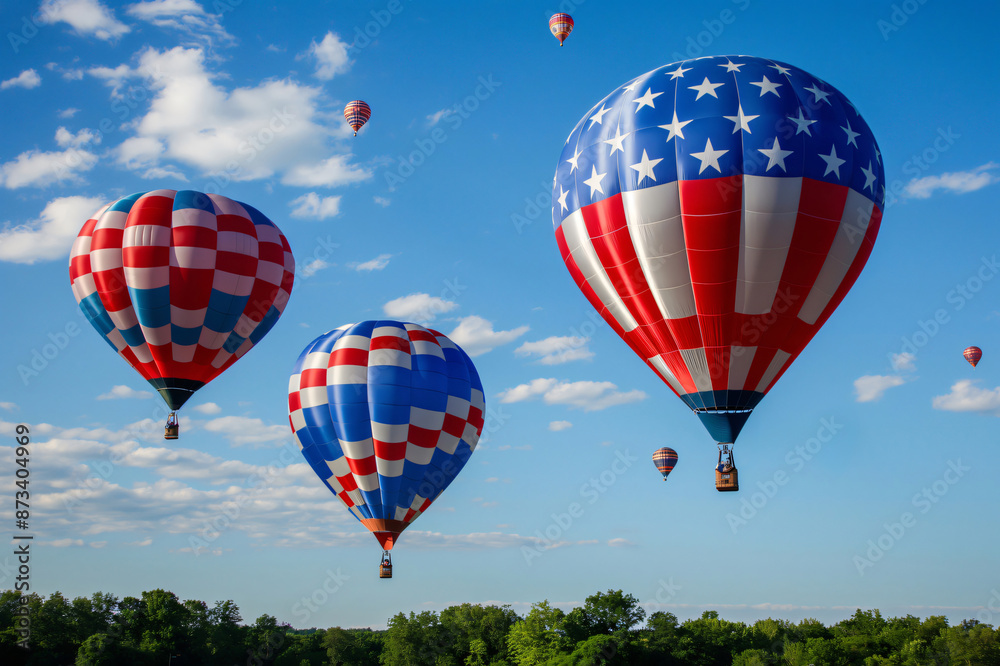 Fototapeta premium Multiple hot air balloons, including one with an American flag design, are flying in a blue sky with fluffy white clouds over green trees