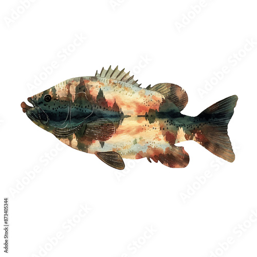 silhouette bass fish with lake scene inside vector illustration in watercolor style