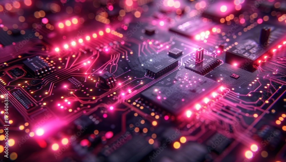 Circuit Board with Glowing Pink Lines Circuit Board with Glowing Pink Lines