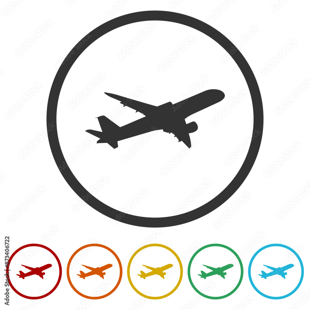 Plane taking off silhouette icon. Set icons in color circle buttons Plane taking off silhouette icon. Set icons in color circle buttons