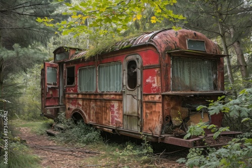 Tranquil and nostalgic scene of an abandoned vintage bus in a peaceful forest setting. Surrounded by overgrown greenery and rusted decay