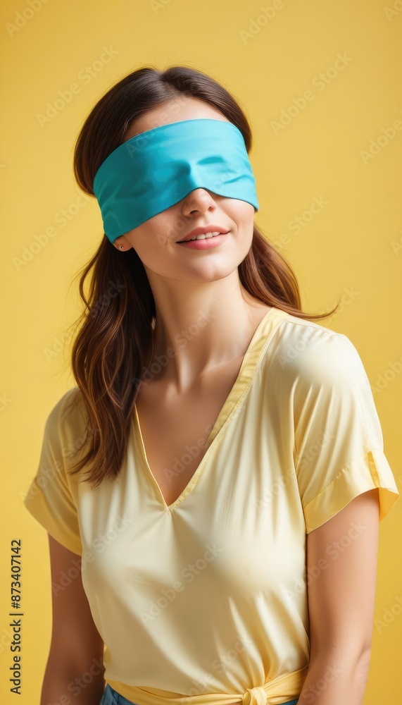 Portrait of a young woman with a blindfold on a yellow background with copy space