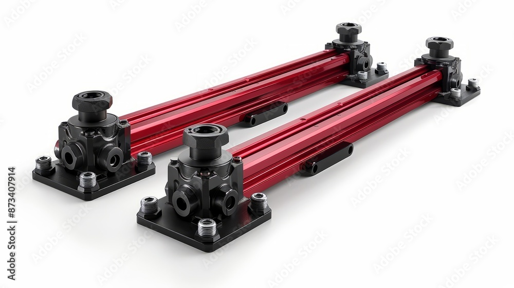 Industrial machine parts with red rods and black connectors Industrial machine parts with red rods and black connectors