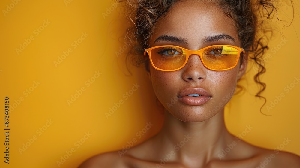 Portrait of a young woman with a blindfold on a yellow background with copy space Portrait of a young woman with a blindfold on a yellow background with copy space