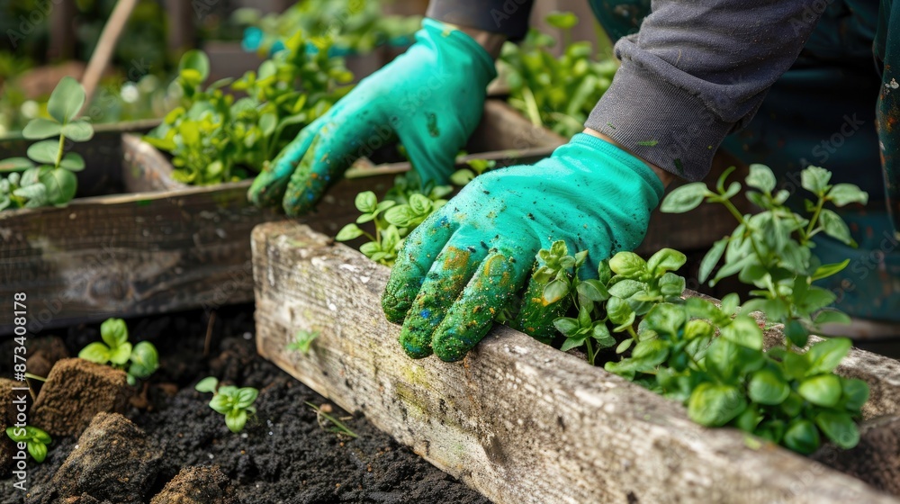 Naklejka premium Man wearing green glove painting wooden block for planting garden greens