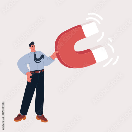 Carton vector illustration of Businessman attracting money with a horseshoe magnet concept for business success, strategy or greed