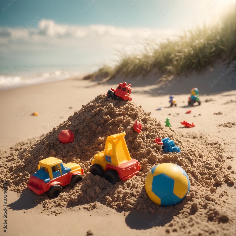 Heap sand with plastic toys at the beach, Summer seaside vacation concept Heap sand with plastic toys at the beach, Summer seaside vacation concept