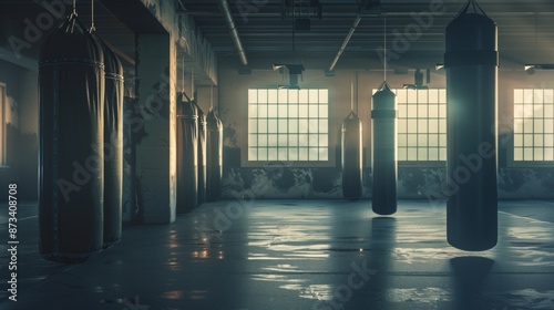 Gym with punching bags for boxing. photo
