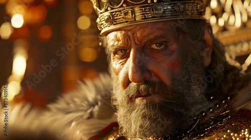 A visual representation of King Herod in the times of Jesus Christ. King Herod wearing sumptuous robes with a look of royal authority.
