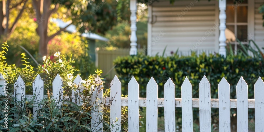 A classic white picket fence surrounds a small cozy country house A classic white picket fence surrounds a small cozy country house