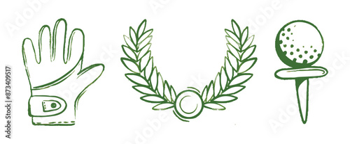 Golf equipment set logo icons sports gear for game. Golfer hits ball on golf course. Golf player, bags, putter, golfer, ball, hole, course, gloves. Vector illustration isolated on background