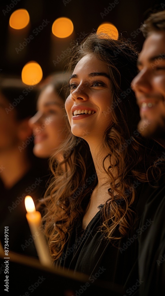 Smiling woman holding a candle in front of a group of people, choir singers Smiling woman holding a candle in front of a group of people, choir singers