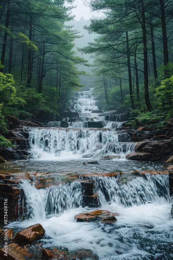 Serene Waterfall Cascading through Lush Green Forest. Nature, Landscape, Water Serene Waterfall Cascading through Lush Green Forest. Nature, Landscape, Water