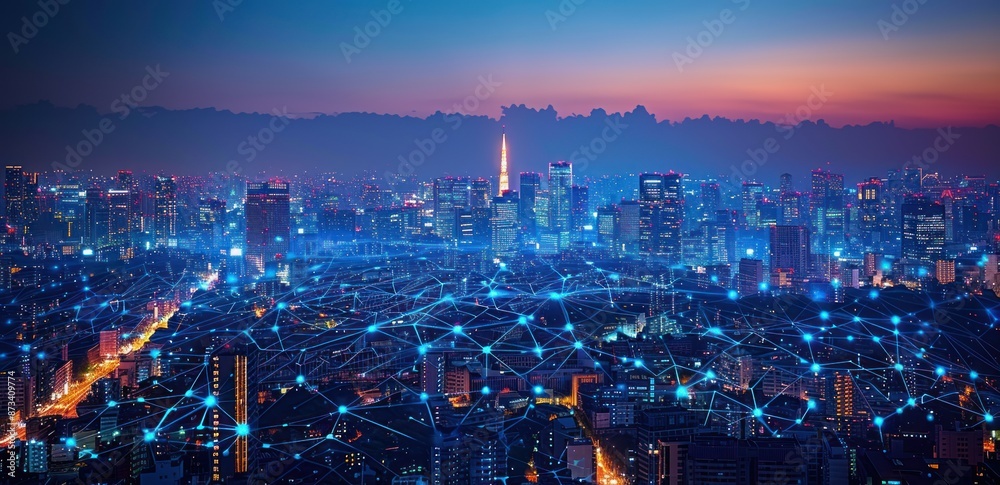 Fototapeta premium Night Cityscape with Illuminated Network Connections
