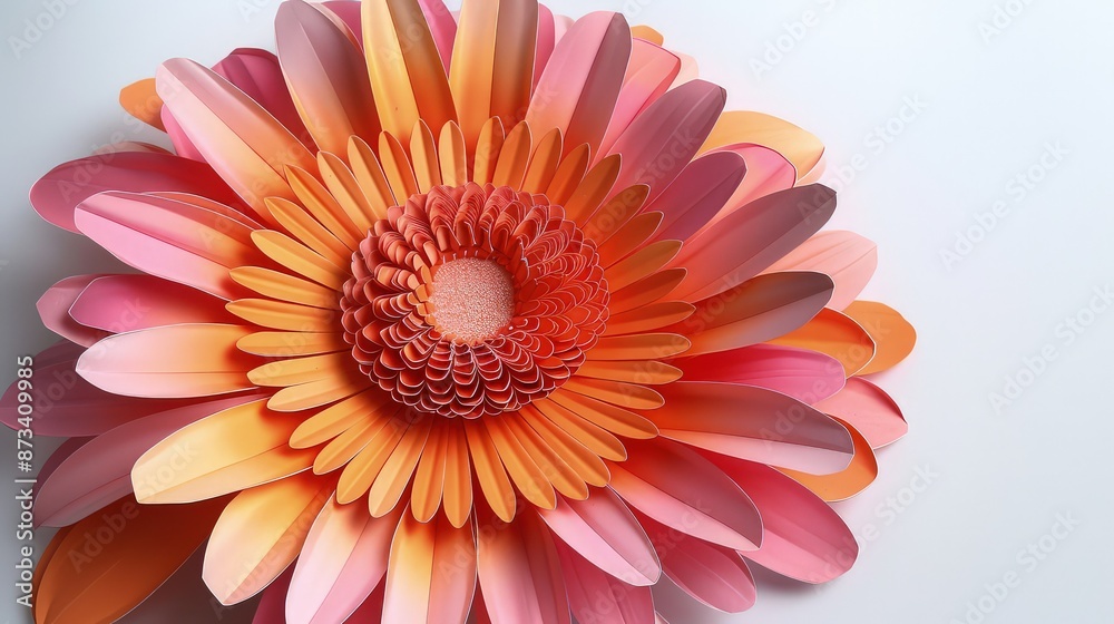 A 3D papercraft gerbera, with a vibrant orange center and pink petals, showing detailed paper craftsmanship, set against a white backdrop. A 3D papercraft gerbera, with a vibrant orange center and pink petals, showing detailed paper craftsmanship, set against a white backdrop.