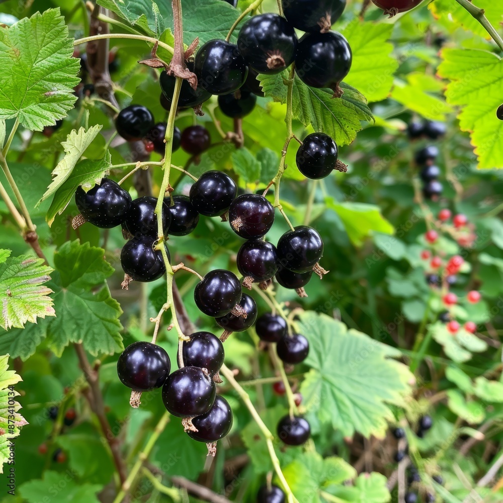 Juicy black currants, small and glossy, hanging in dense clusters from branches surrounded by light green leaves Juicy black currants, small and glossy, hanging in dense clusters from branches surrounded by light green leaves