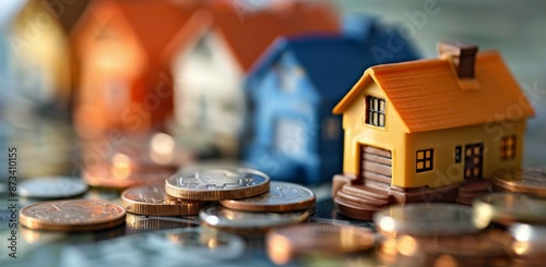Miniature Yellow House Sitting on a Pile of Coins