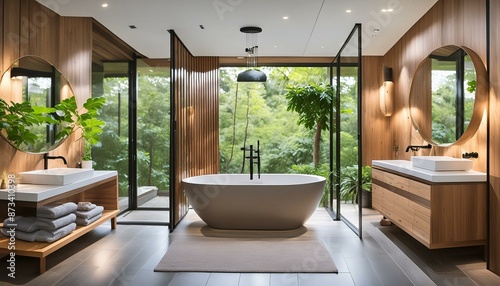 Modern bathroom with a freestanding bathtub, glass shower, and luxury fixtures