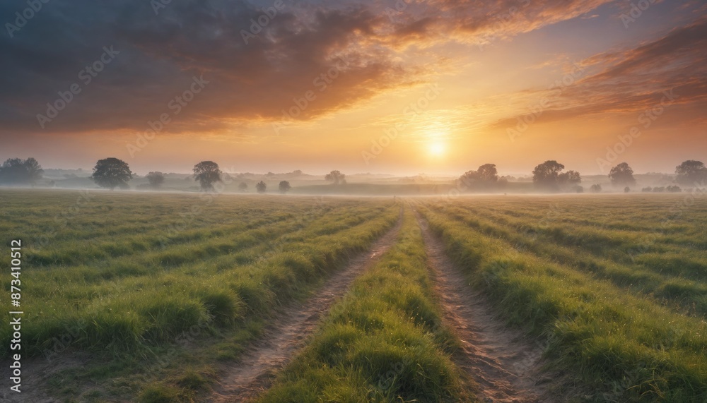 Obraz premium A golden dawn over mist-shrouded meadows