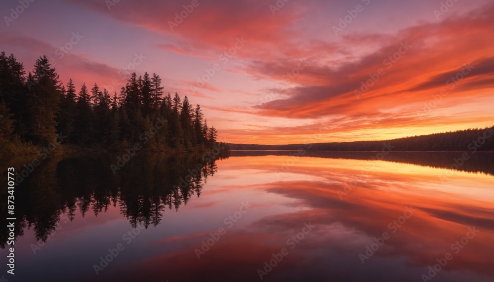 Silhouetted pines reflecting in a crimson lake at sunset Silhouetted pines reflecting in a crimson lake at sunset