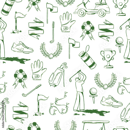 Golf equipment seamless pattern icons sports gear for game. Golfer hits ball on golf course. Golf player, bags, putter, golfer, ball, hole, course, gloves. Vector isolated on background