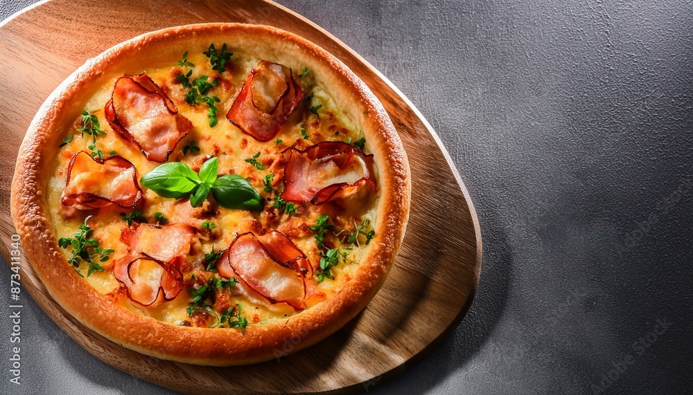 pizza with bacon, cheese and tomatoes; top view, gray background pizza with bacon, cheese and tomatoes; top view, gray background