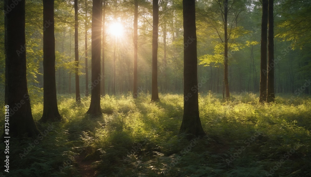 Fototapeta premium A golden dawn illuminates a misty forest