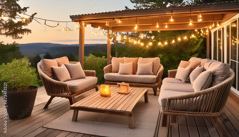 Fototapeta premium Outdoor patio with comfortable seating, string lights, and a cozy ambiance