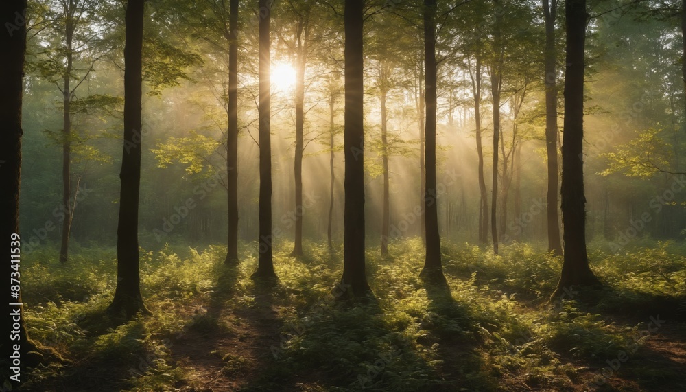 Fototapeta premium Sunbeams dappling through the trees in a misty morning forest