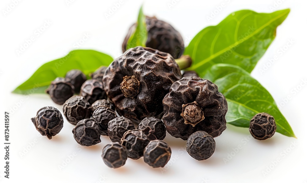 black peppercorns (black pepper) with leaves isolated on white background, Generative AI