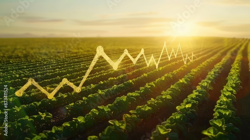 A large field with distinct plant arrangements, creating an upward-trending financial graph shape under the warm sunlight.