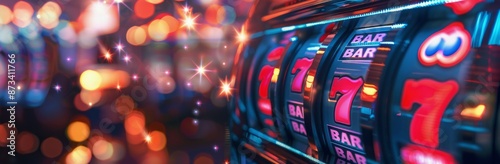 Close Up Of Slot Machine Reels Spinning In Casino At Night